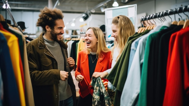 A group of friends excitedly browsing through racks of clothes on Black Friday