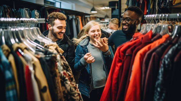 A group of friends excitedly browsing through racks of clothes on Black Friday