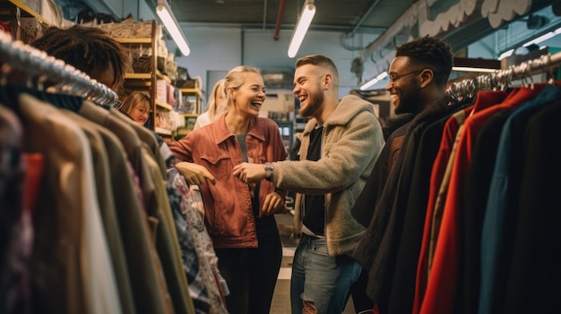 A group of friends excitedly browsing through racks of clothes on Black Friday