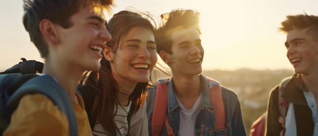 A group of friends exuberantly laughing and basking in the golden glow of sunset embodying the spirit of youth and camaraderie