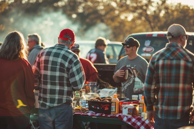 A group of friends and family gather for a tailgate party before a sporting event enjoying food drinks and camaraderie in the sunshine A group of fans tailgating before a game