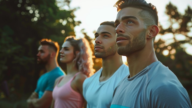 Group of friends fitness training together outdoors living active healthy