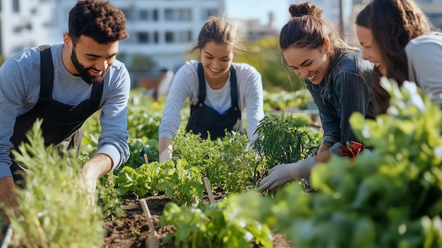 Group of friends gardening together in a urban setting