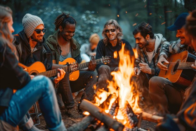 A group of friends gather around a crackling campfire playing acoustic guitars and enjoying each others company A diverse group of friends playing music together by a bonfire