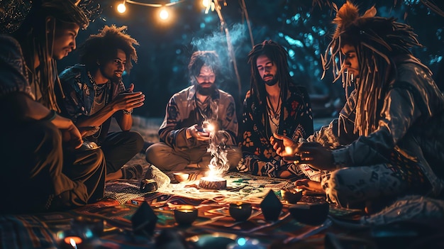 Photo a group of friends gather around a small bonfire in the woods