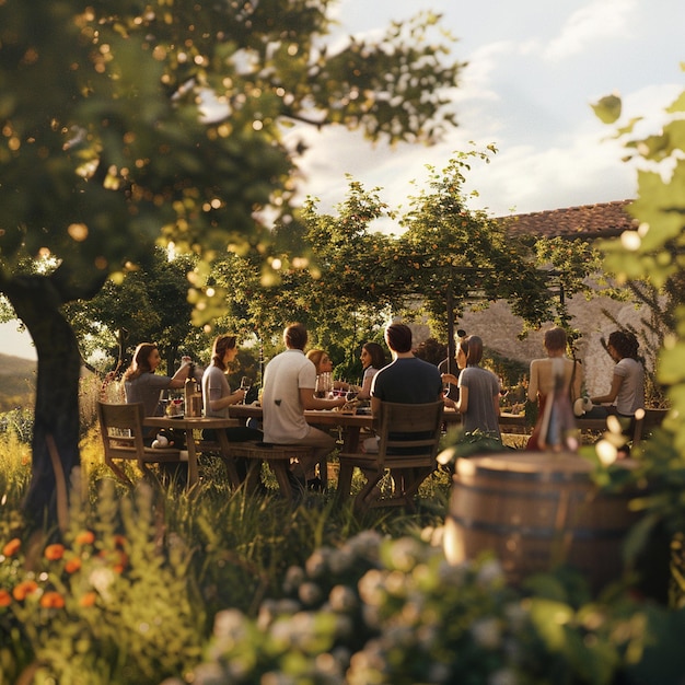 Photo a group of friends gathered in a picturesque countryside vineyard