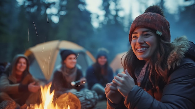 A group of friends gathers around a warm campfire laughing and sharing stories in a tranquil forest setting under the night sky creating lasting memories