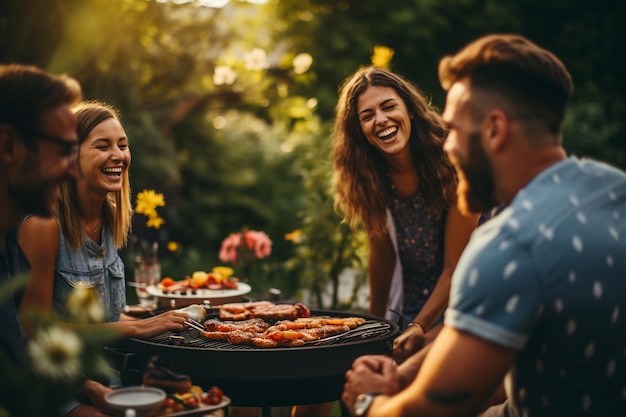 A group of friends having a barbecue in the backyard grilling food and laughing together