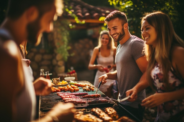 A group of friends having a barbecue in the backyard grilling food and laughing together