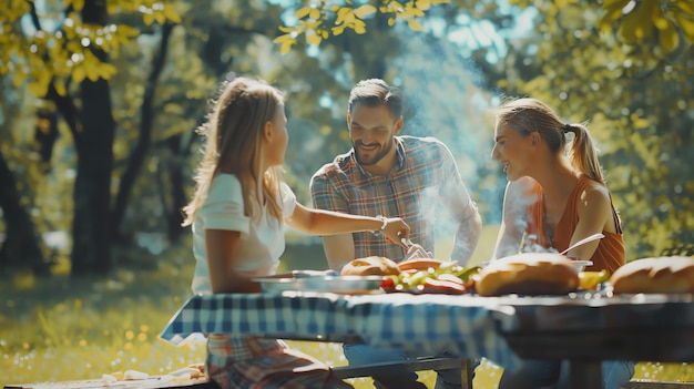 A group of friends having a BBQ in a park on a sunny day