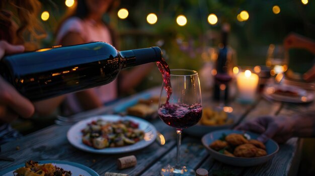 a group of friends having dinner outdoors and drinking wine A vacation with friends