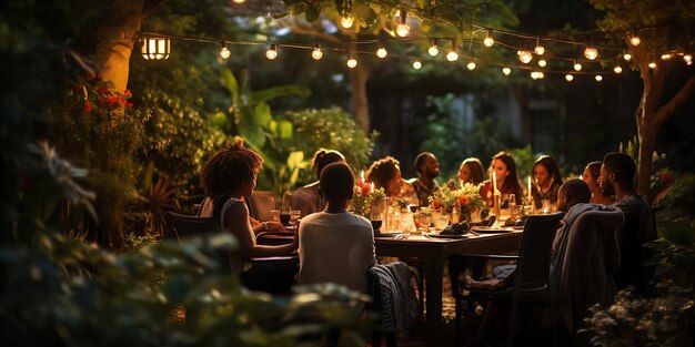 Group of friends having dinner together in a restaurant on a summer evening