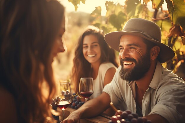 Group of friends having a dinner in vineyard at sunset Wine tasting and winemaking concept