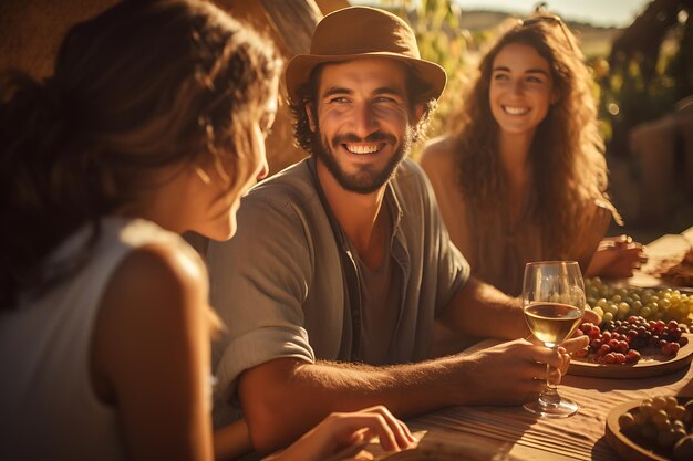 Group of friends having a dinner in vineyard at sunset Wine tasting and winemaking concept