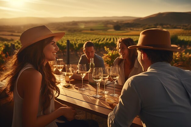 Group of friends having a dinner in vineyard at sunset Wine tasting and winemaking concept