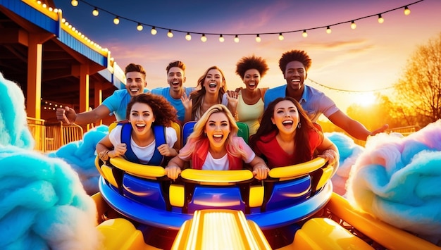 group of friends having fun on a beach with a car with the sun behind them