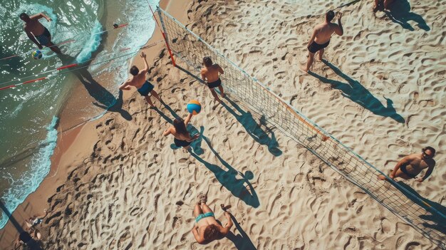 Photo a group of friends having fun playing beach volleyball against a mountainous backdrop aig62