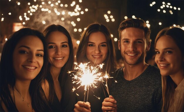 Group of friends having fun with sparklers celebrating Silvester or christmas Happy New Year