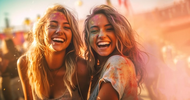 Group of friends having great time on music festival in the summerTwo young woman drinking beer