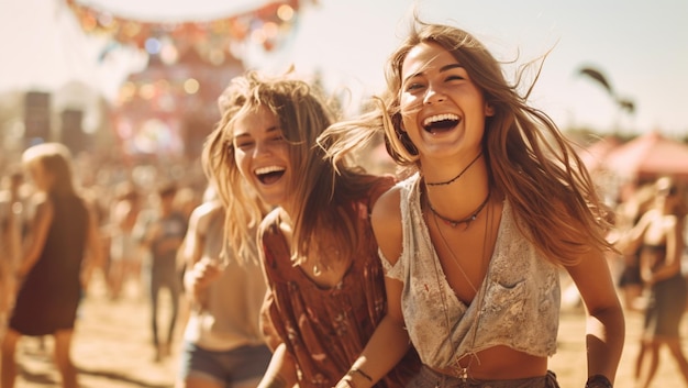 Group of friends having great time on music festival in the summerTwo young woman drinking beer