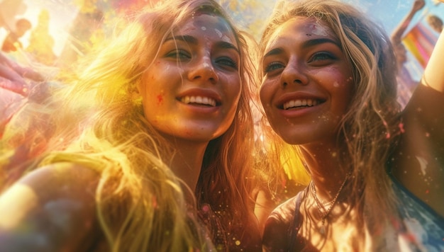 Group of friends having great time on music festival in the summerTwo young woman drinking beer