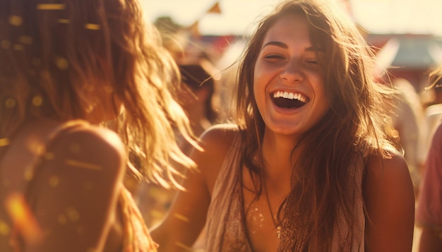 Group of friends having great time on music festival in the summerTwo young woman drinking beer