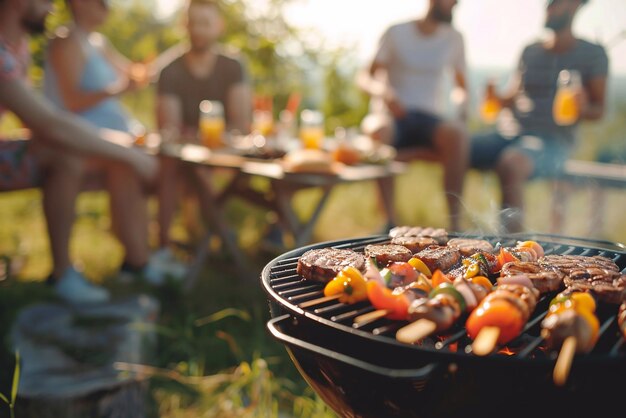 Group of friends having party outdoors in the evening Focus on barbecue grill with food on the stove