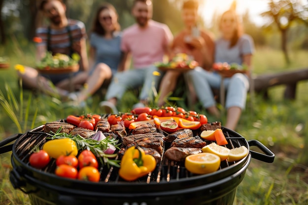 Group of friends having party outdoors in the evening Focus on barbecue grill with food on the stove