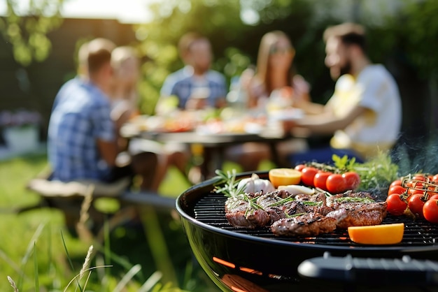 Group of friends having party outdoors in the evening Focus on barbecue grill with food on the stove