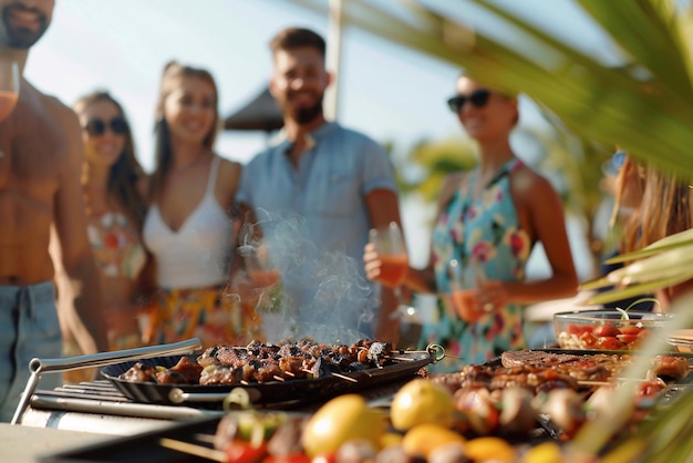 Group of friends having party outdoors in the evening Focus on barbecue grill with food on the stove