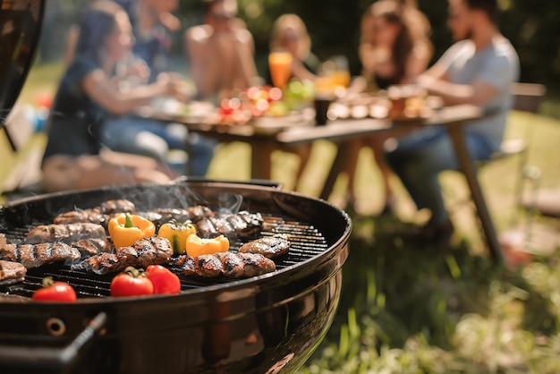 Group of friends having party outdoors in the evening Focus on barbecue grill with food on the stove