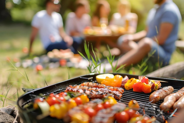 Group of friends having party outdoors in the evening Focus on barbecue grill with food on the stove