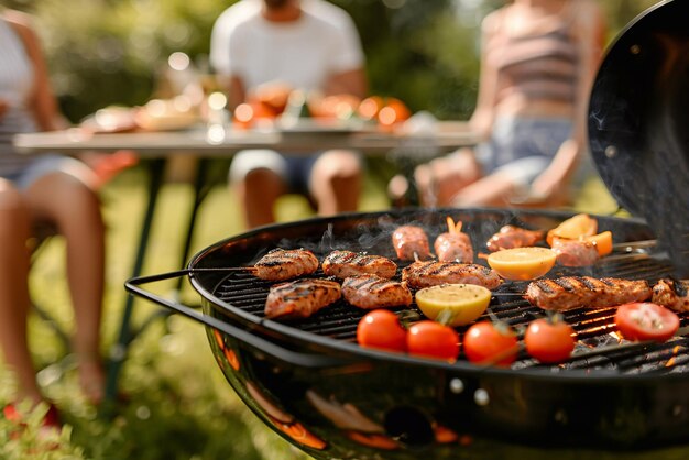 Group of friends having party outdoors in the evening Focus on barbecue grill with food on the stove