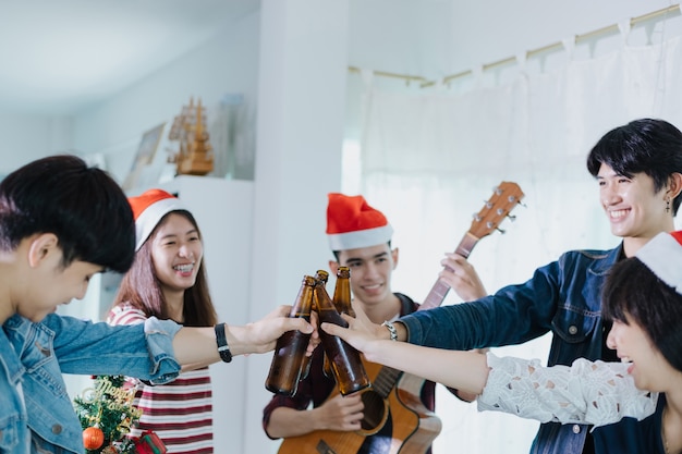 group of friends having party with alcoholic beer drinks