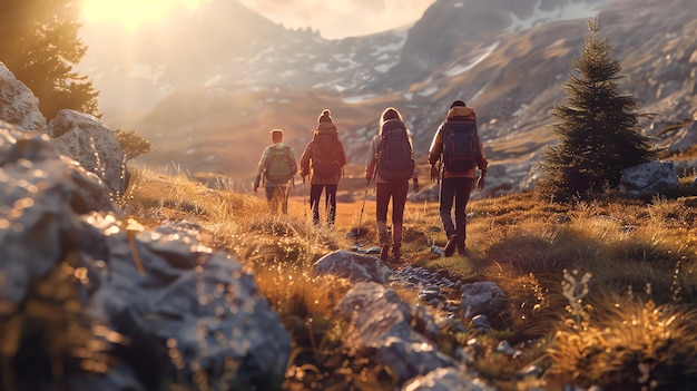 Photo a group of friends hike in the mountains with a beautiful sunset in the background