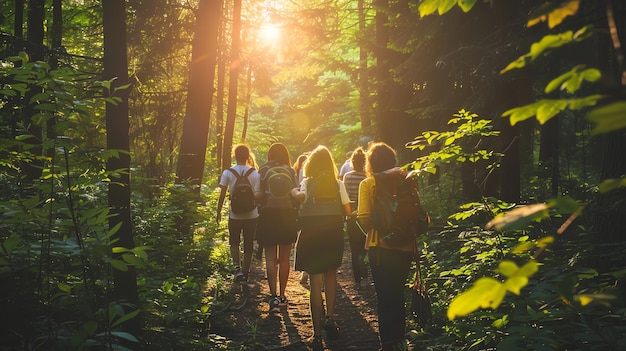 Group of friends hike through a lush green forest with sunlight streaming through the trees