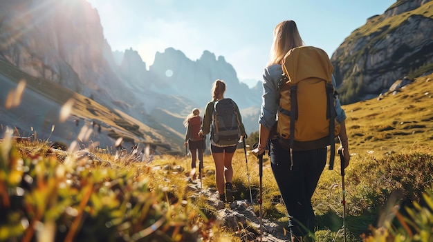 A group of friends hike a trail through a mountain valley sunlight beams through the peaks