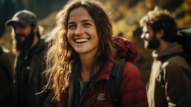 A group of friends hiking in the mountains They are all laughing and talking