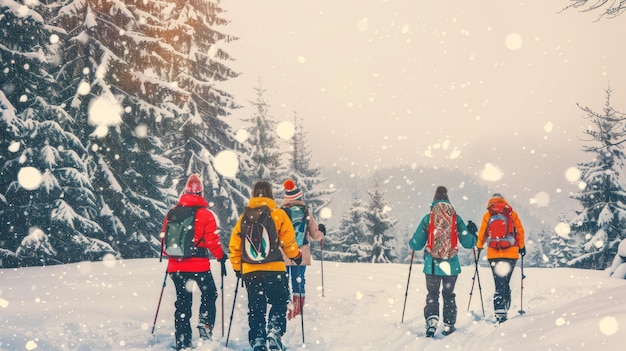 Photo group of friends hiking in snowy winter forest with snowfall and backpacks