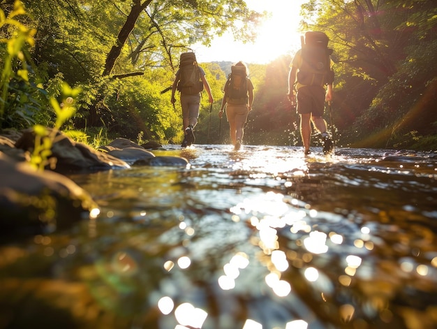 Photo group of friends hiking through a shallow river in a sunlit forest adventure travel with backpacks ai generative