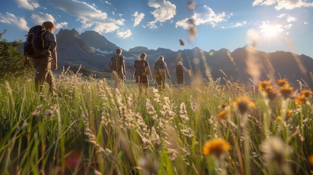 A group of friends hiking through a sunny meadow wildflowers