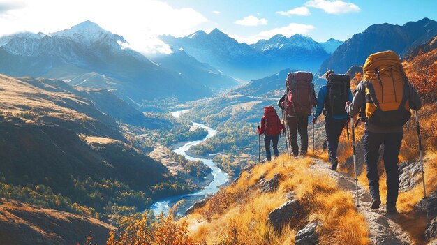 Photo a group of friends hiking up a mountain trail