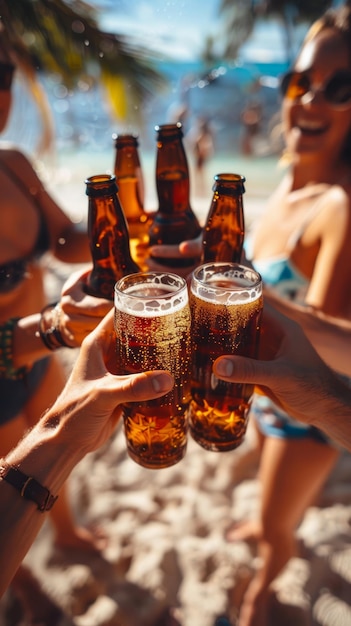 Group of friends holding beer bottles and glasses on the beach on a summer day Generative AI