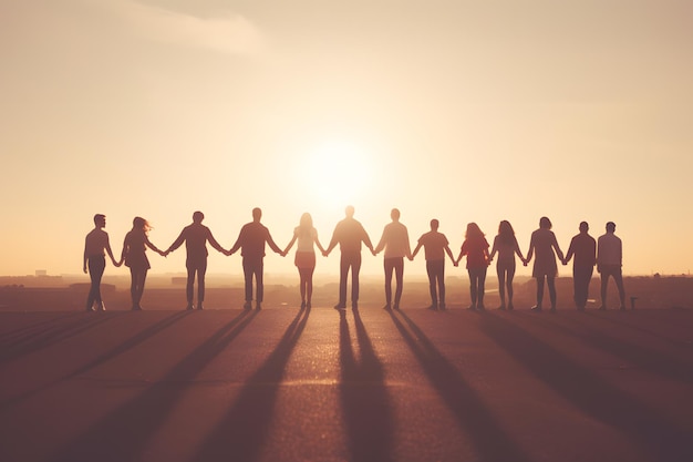 A group of friends holding hands and forming a human chain