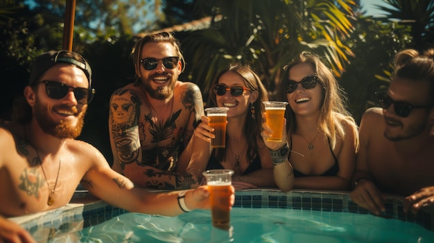 Group of friends at hotel outdoor pool during summer party toast with beer and cocktails Young people in vacation in swimwear laugh and joke while having fun together in restful moment Copy space