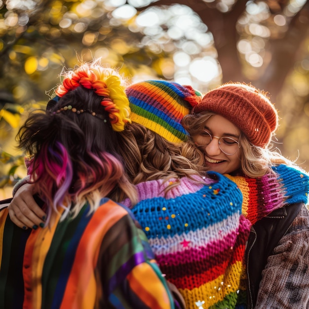 Group of Friends Hugging in Colorful Winter Clothing LGBTQ Community Concept