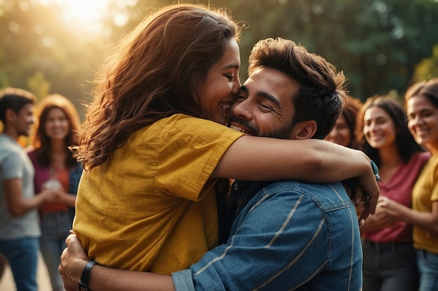 A group of friends hugging tightly their smiles radiat