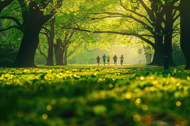 a group of friends jogging together in park vibrant background