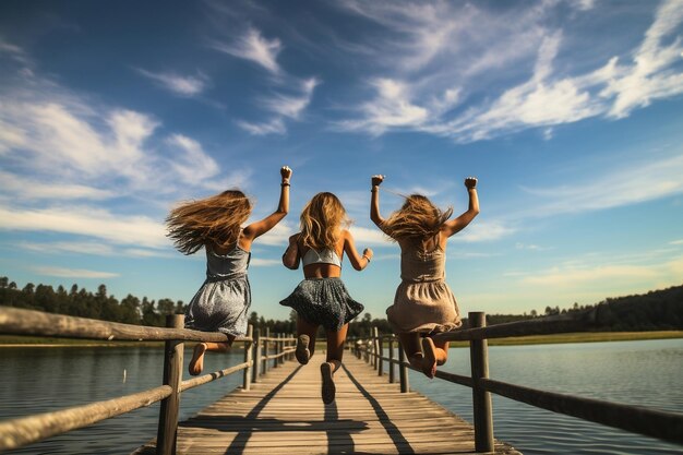 A group of friends joyfully leaping into the lake from a wooden pier Generative Ai