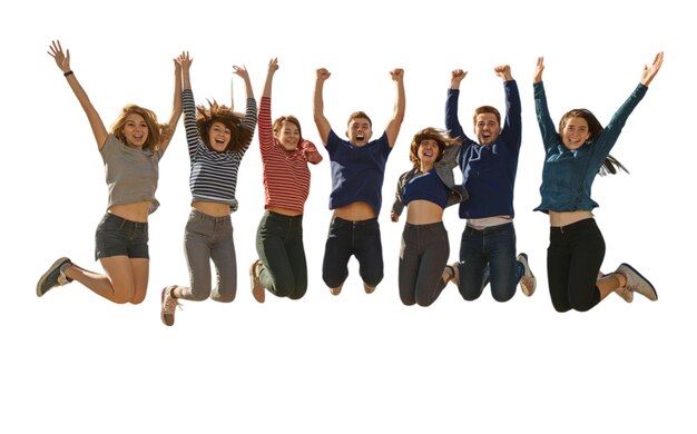 Photo group of friends jumping in the air with joyful expressions